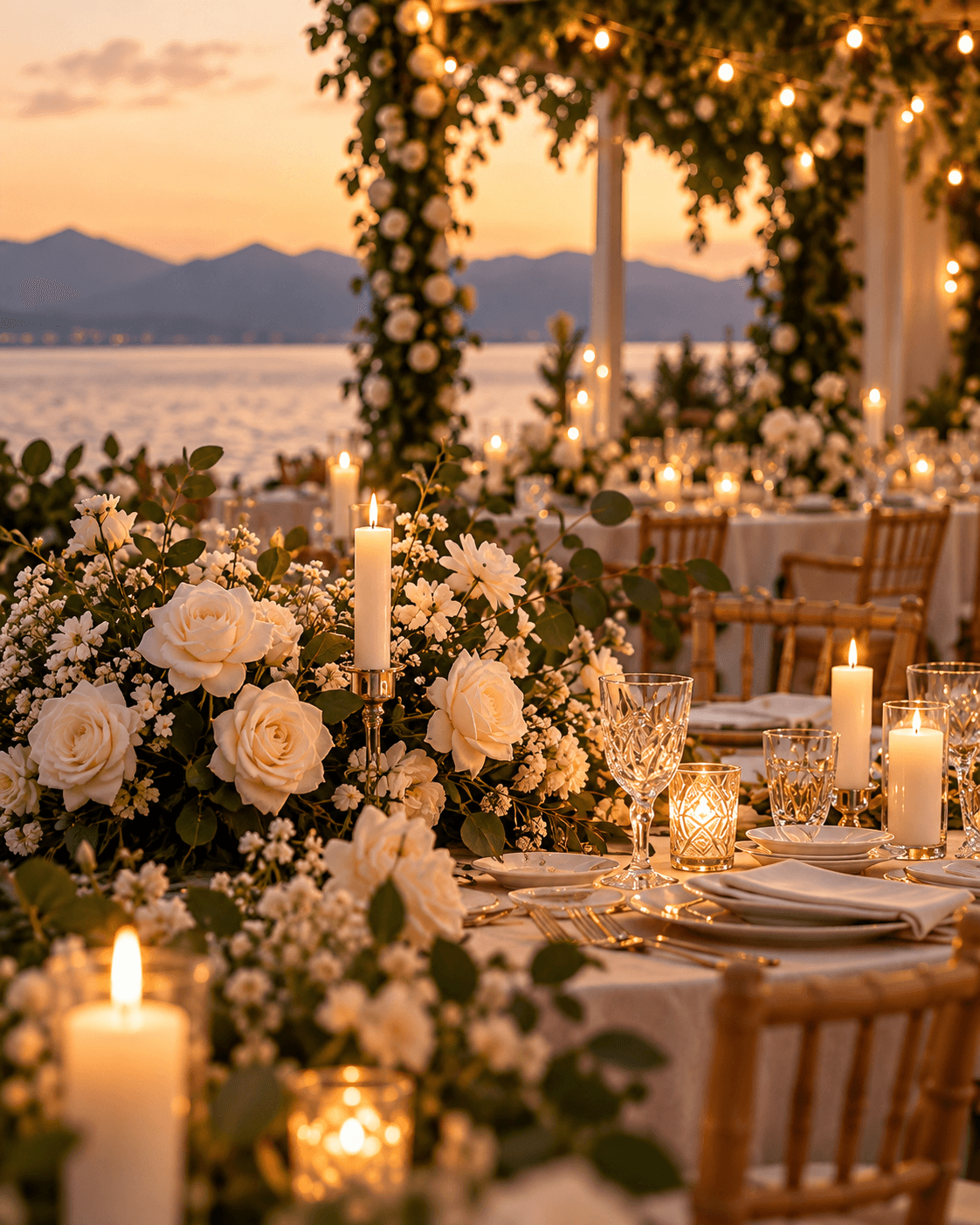 A candlelit wedding reception by the sea at sunset
